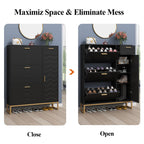 Auromie Tipping Bucket Shoe Storage Cabinet with 2 Flip Drawers, Modern Entryway Shoe Rack with Storage Top Cubby, Narrow Slim Hidden Organizer with Doors, Freestanding (Black)