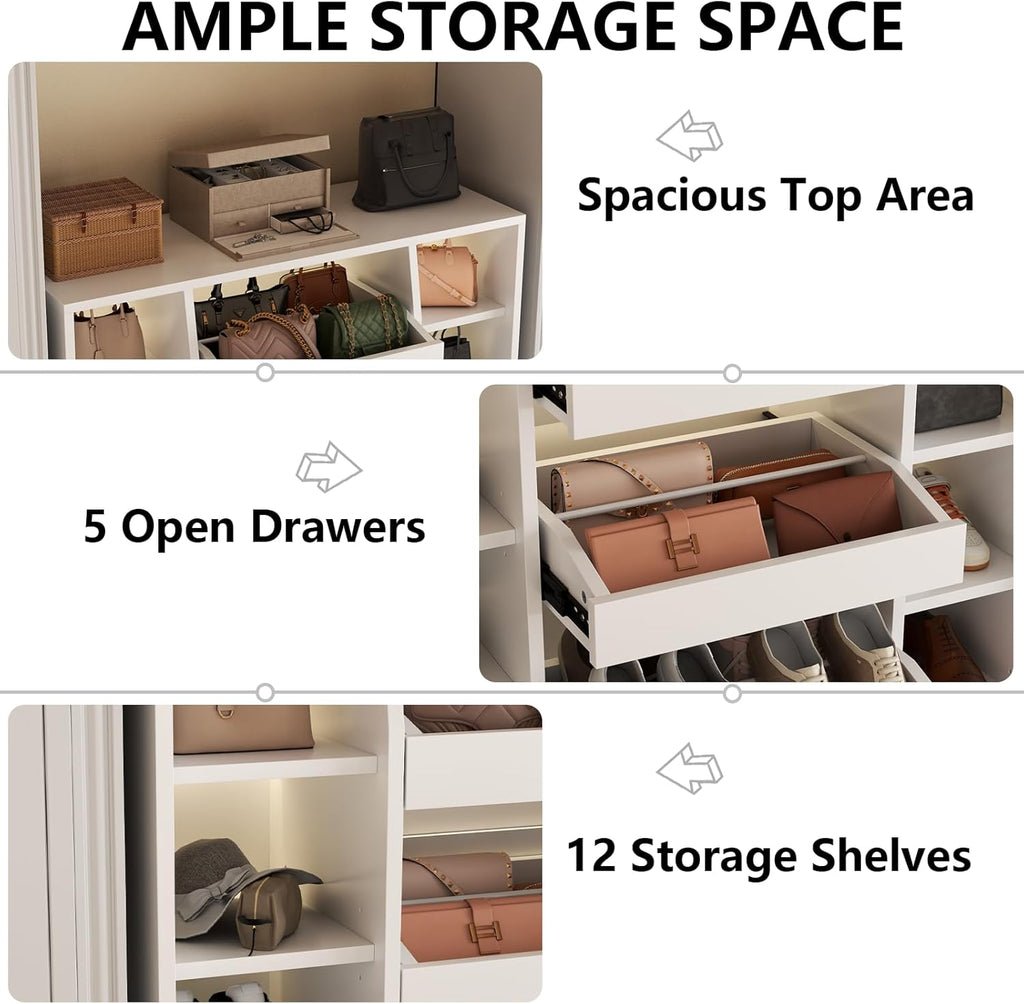 Auromie Shoe Storage Cabinet with 5 Drawers & 12 Shelves, Modern LED Shoe Rack & Handbag Storage Cabinet, Freestanding Shoes and Handbag Storage Organizer for Closet, Entryway, Living Room (White)
