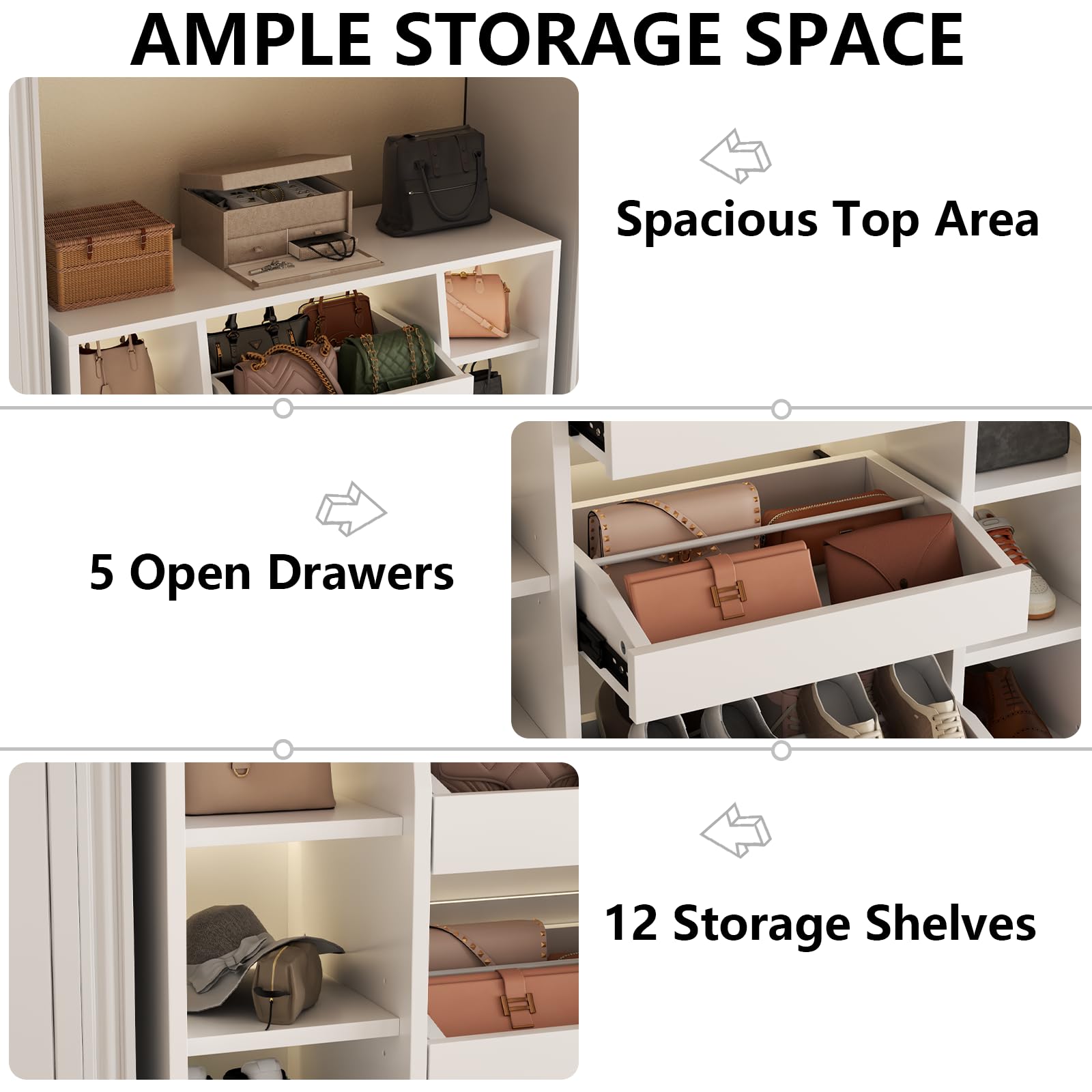 Auromie Shoe Storage Cabinet with 5 Drawers & 12 Shelves, Modern LED Shoe Rack & Handbag Storage Cabinet, Freestanding Shoes and Handbag Storage Organizer for Closet, Entryway, Living Room (White)
