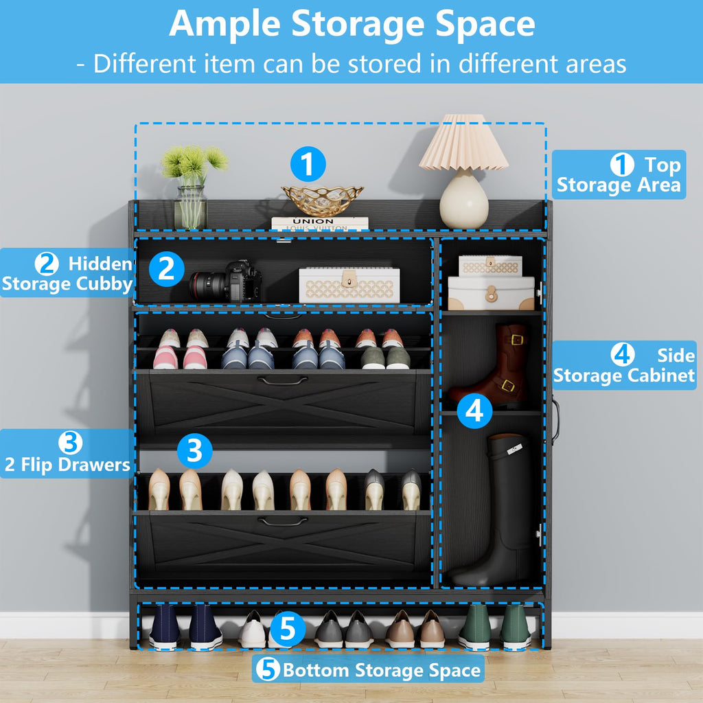 Auromie Rustic Plus: Free Standing Shoe Organizer with 2 Flip Drawers and Adjustable Side Cabinet for Narrow Entryway and Living Room