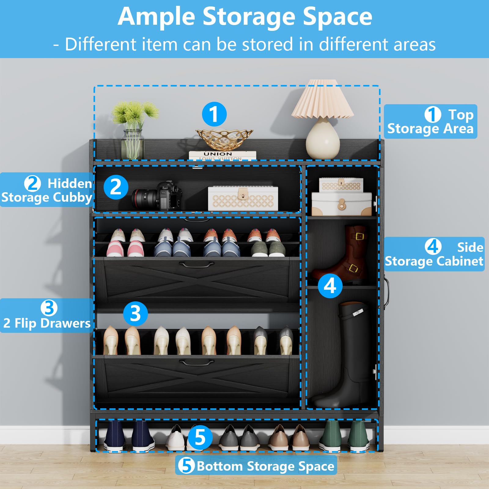 Auromie Rustic Plus: Free Standing Shoe Organizer with 2 Flip Drawers and Adjustable Side Cabinet for Narrow Entryway and Living Room