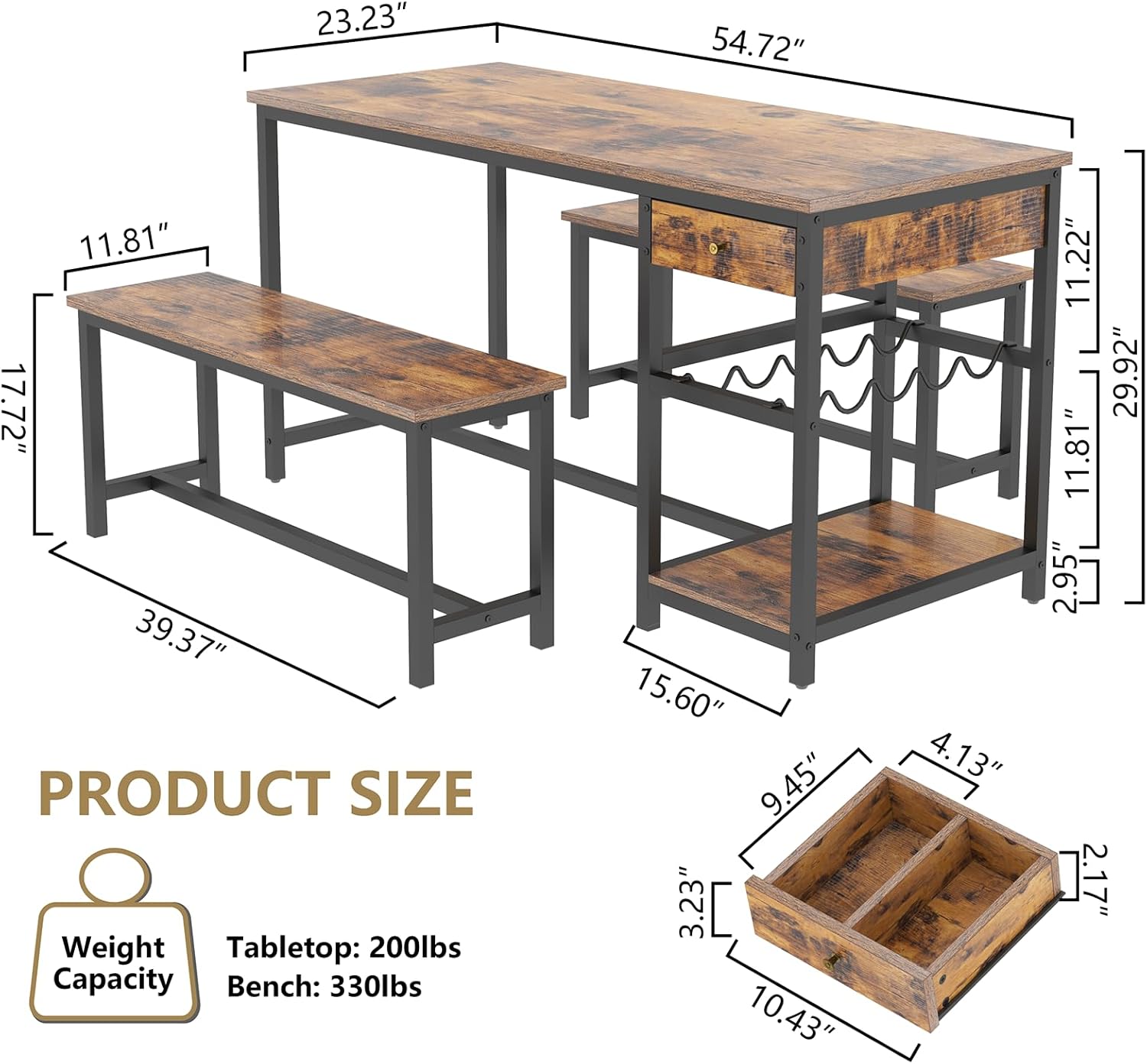 Auromie Dining Table Set for 4-6 People, 54.7" Kitchen Dinner Table with 2 Bench, Dining Room Tables Set with Storage Drawer & Shelf, 3-Piece Breakfast Nook Tables with Wine Rack &Glass Holder (Brown)