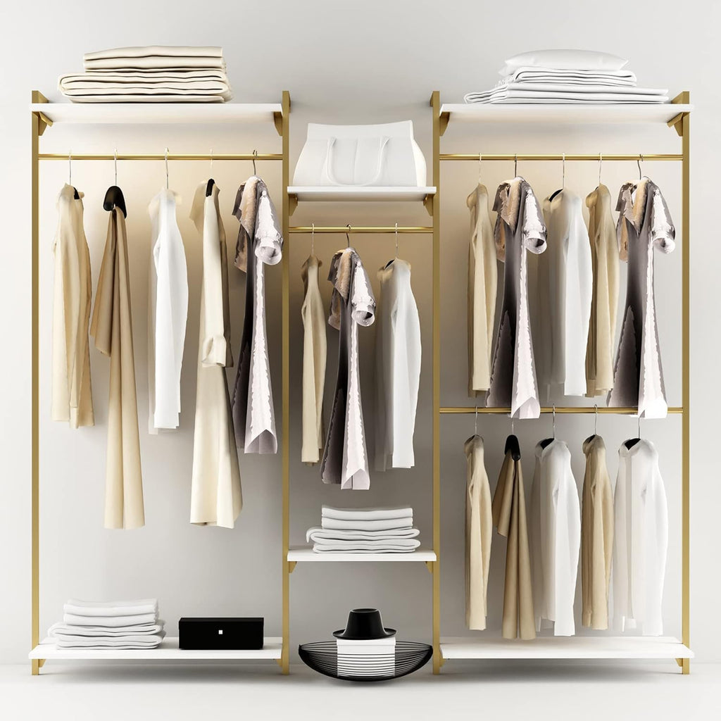 Gold Wall Mount Clothes Rack with 4 Hanging Rods, Clothing Rack with 6-Tier Adjustable Shelves, Closet Storage Organizer System Kit, Heavy Duty Garment Rack with Metal (80.43" L*78.62" H) (Gold)
