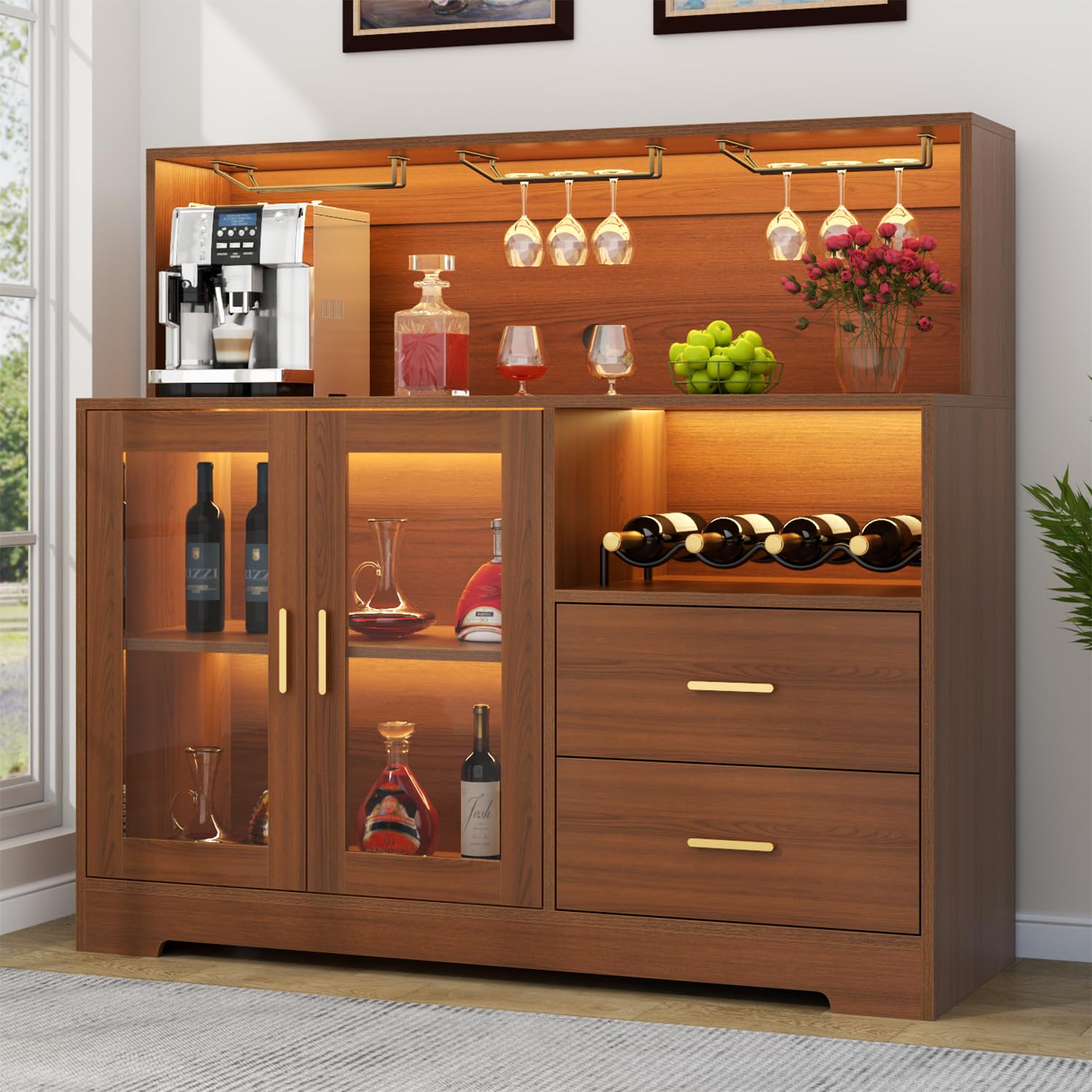 Bar Cabinet for Home with LED Light, Coffee Bar Cabinet with Wine & Glass Rack, Wine Cabinets with Drawers & Microwave Stand, Modern Liquor Cabinets for Kitchen, Living Room, Dining Room (Black)