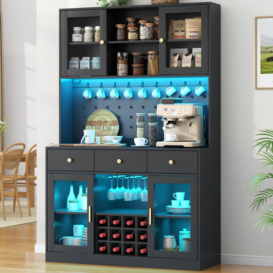 72" Tall Wine Bar Cabinet with Storage Hutch & Pegboard, Coffee Bar Cabinet with LED Lights