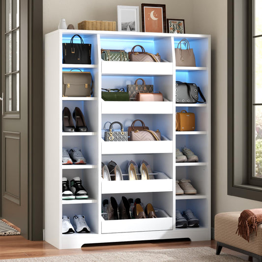 Auromie Shoe Storage Cabinet with 5 Drawers & 12 Shelves, Modern LED Shoe Rack & Handbag Storage Cabinet