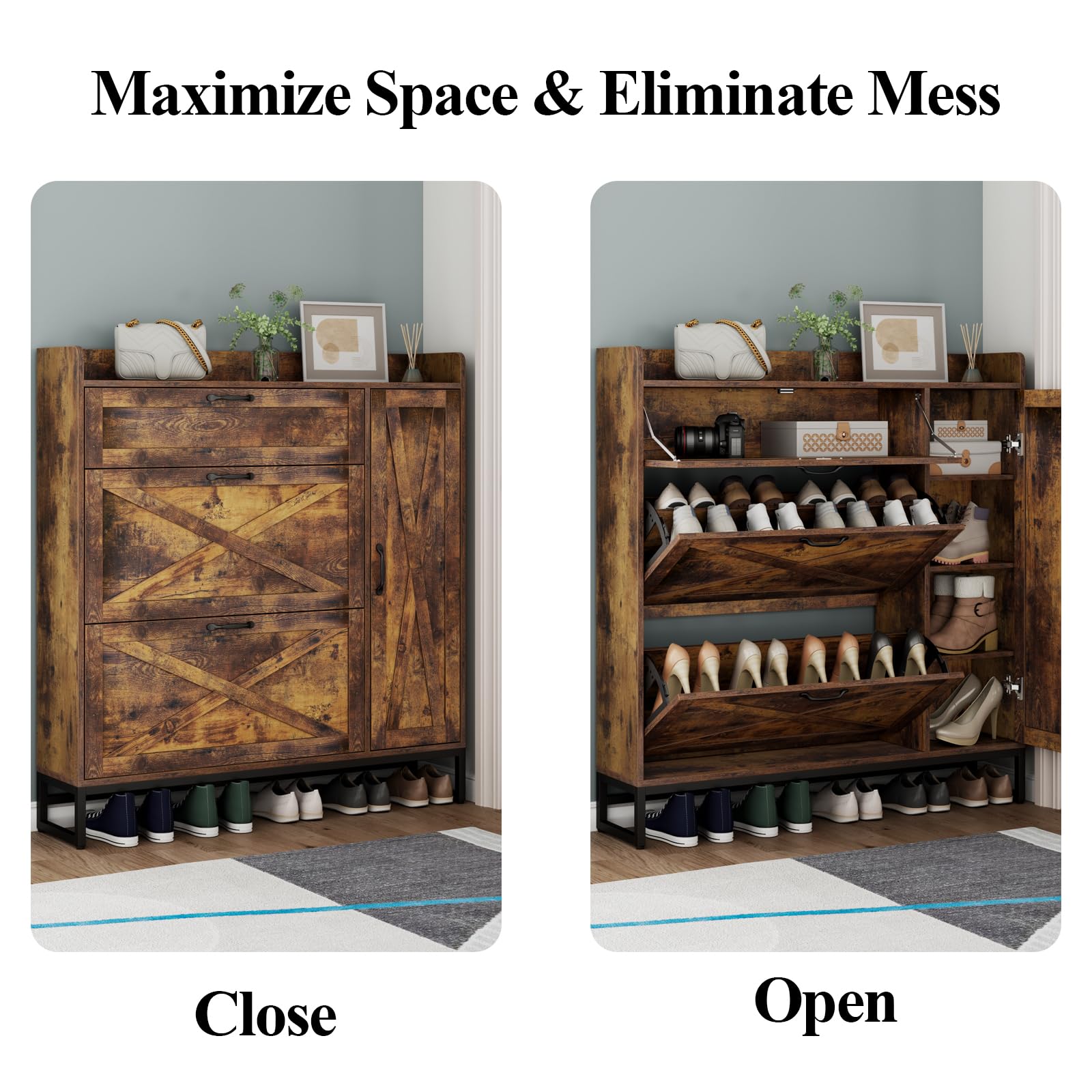 Auromie Rustic Plus: Free Standing Shoe Organizer with 2 Flip Drawers and Adjustable Side Cabinet for Narrow Entryway and Living Room