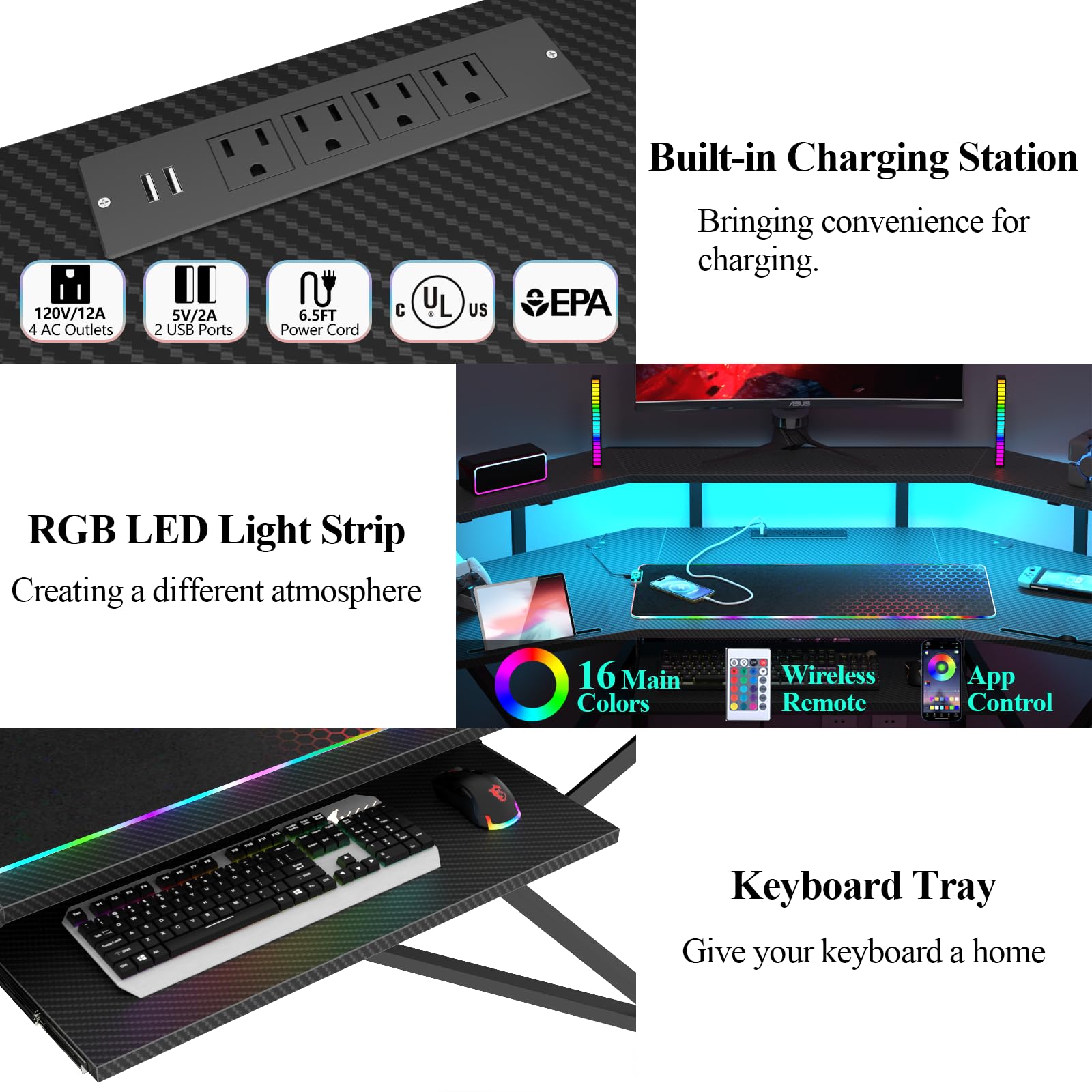 Auromie 72" Gaming Desk with Power Outlets & LED Lights, Computer Desk with Monitor Stand & Storage Shelves, Large Wing-Shaped Computer Table with Keyboard Tray & RGB Mouse Pad for Home Office