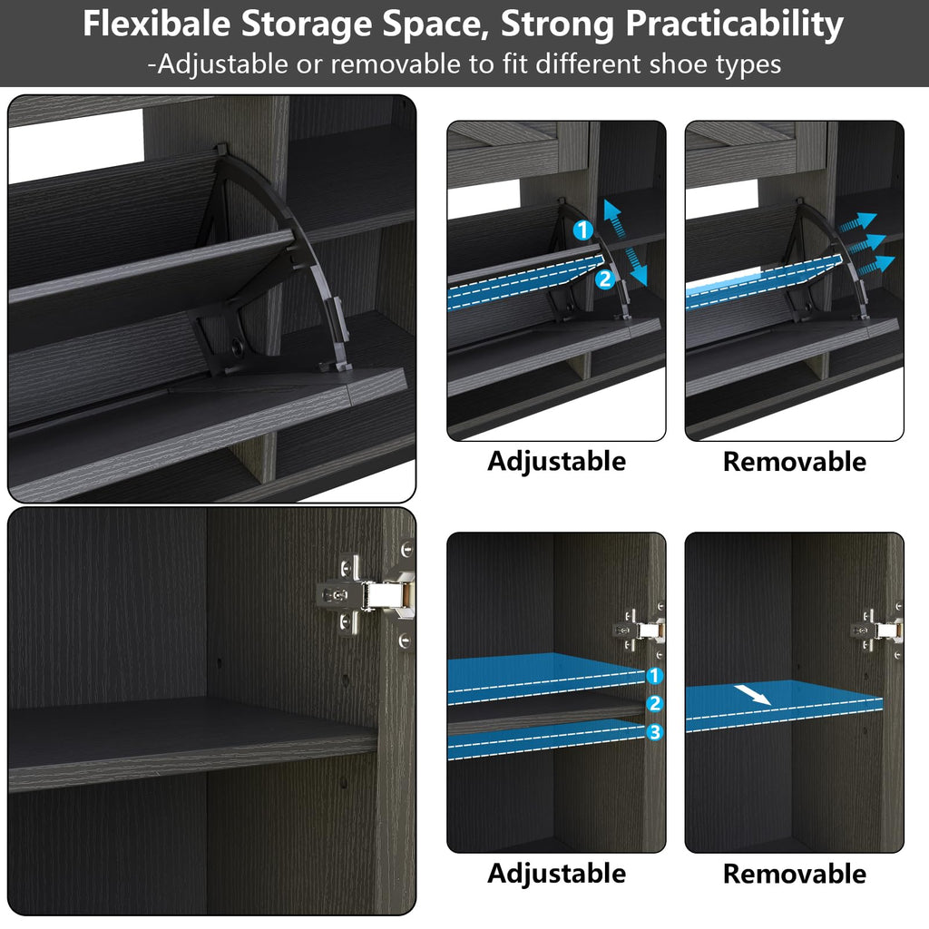 Auromie Rustic Plus: Free Standing Shoe Organizer with 2 Flip Drawers and Adjustable Side Cabinet for Narrow Entryway and Living Room