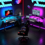 Auromie 72" Gaming Desk with Power Outlets & LED Lights, Computer Desk with Monitor Stand & Storage Shelves, Large Wing-Shaped Computer Table with Keyboard Tray & RGB Mouse Pad for Home Office