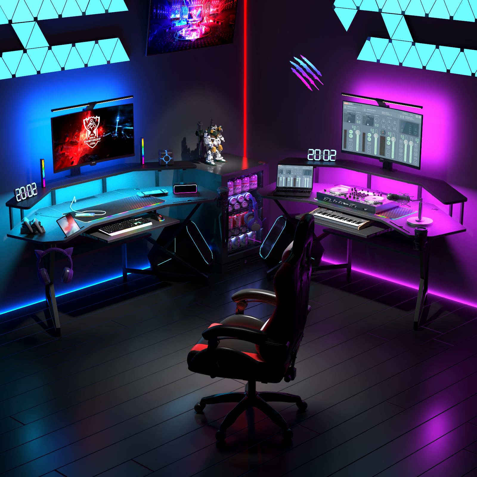 Auromie 72" Gaming Desk with Power Outlets & LED Lights, Computer Desk with Monitor Stand & Storage Shelves, Large Wing-Shaped Computer Table with Keyboard Tray & RGB Mouse Pad for Home Office