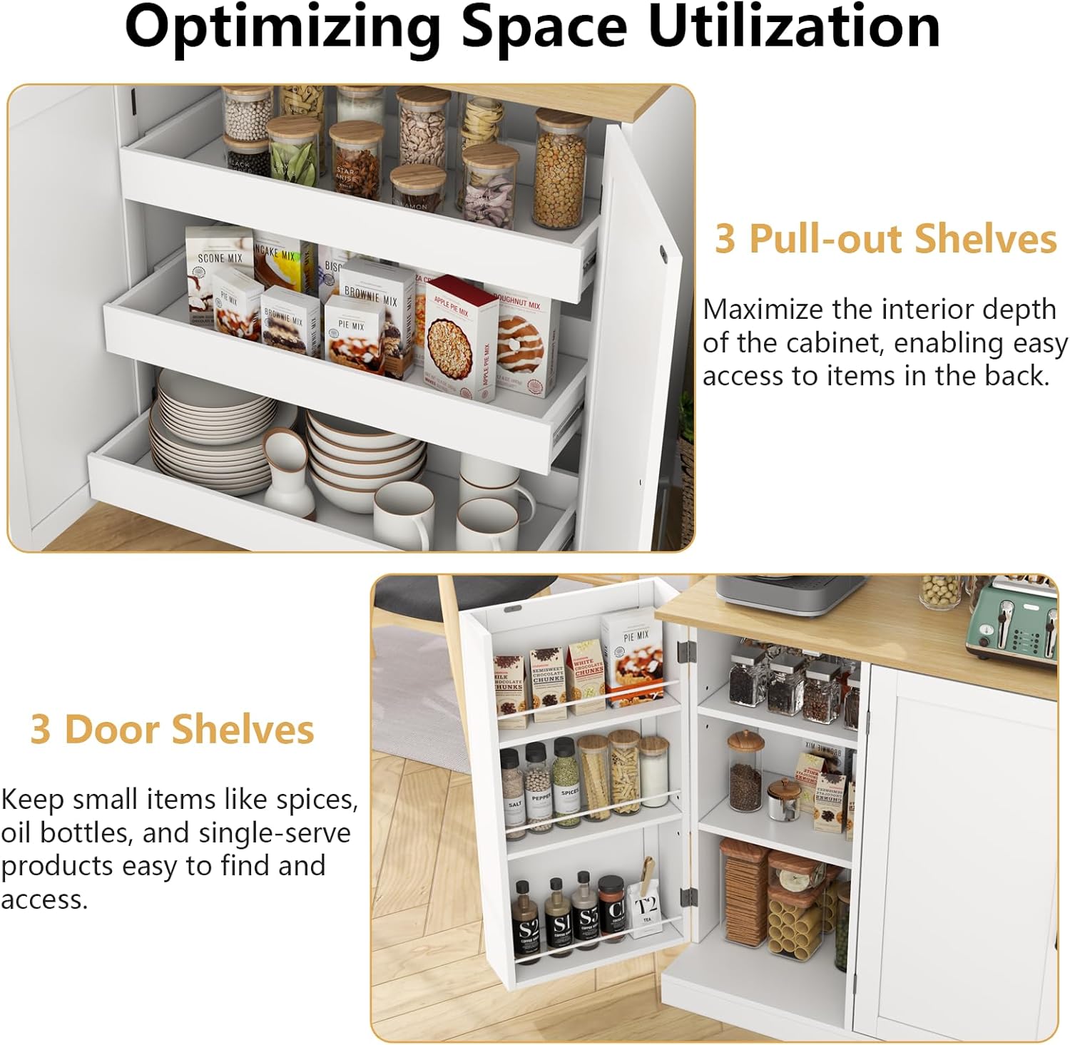 71" Tall Kitchen Pantry Cabinet, Kitchen Pantries with 3 Pull-out Drawers, Storage Cabinets with Hutch & Door Shelves & Microwave Coffee Stand, Pantry Organizer for Dining Room, Living Room (White)