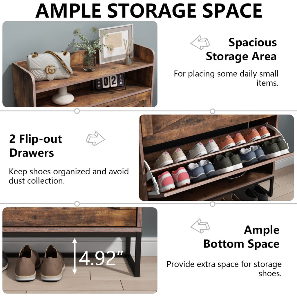 Auromie Rustic Plus: Free Standing Shoe Organizer with 2 Flip Drawers and Adjustable Side Cabinet for Narrow Entryway and Living Room