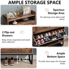 Auromie Rustic Plus: Free Standing Shoe Organizer with 2 Flip Drawers and Adjustable Side Cabinet for Narrow Entryway and Living Room