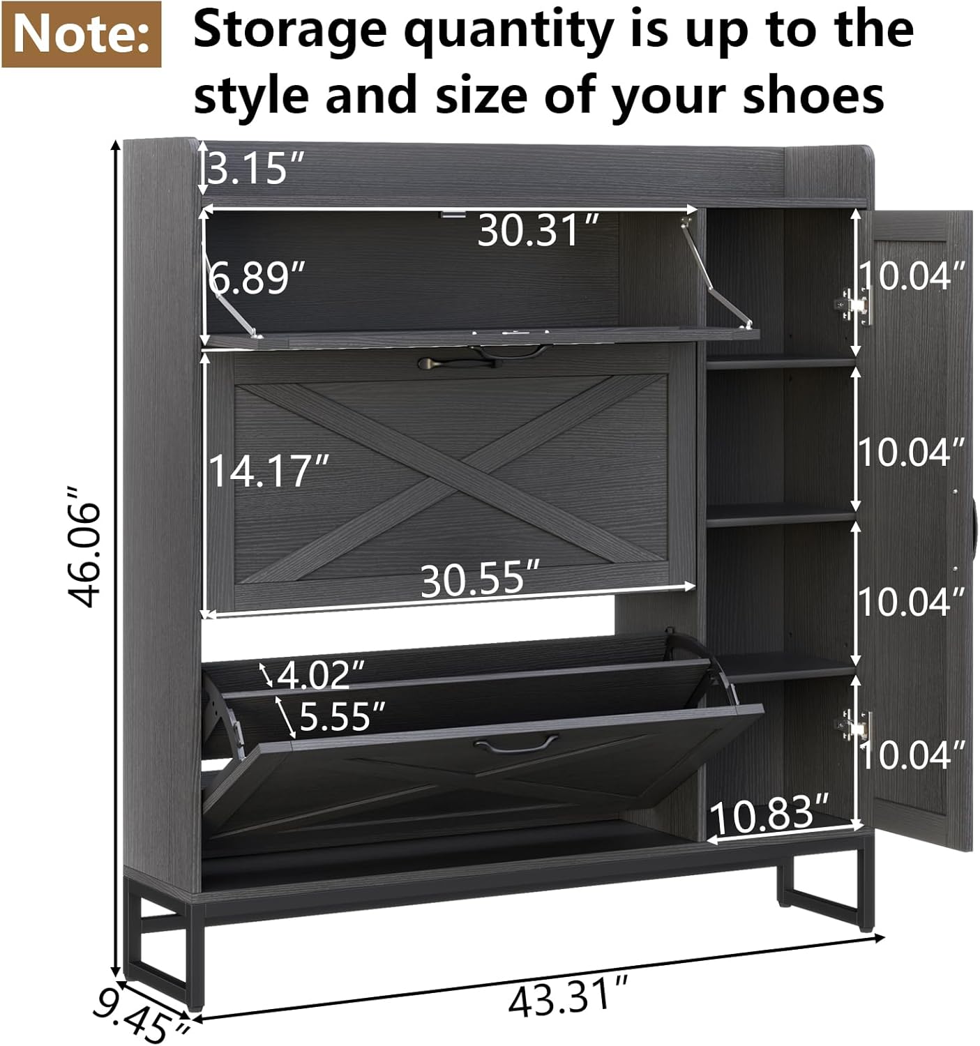 Auromie Free Standing Shoe Organizer with 2 Flip Drawers and Side Cabinet, Entryway Narrow Shoe Storage with Door for Hallway and Living Room (Black Plus)