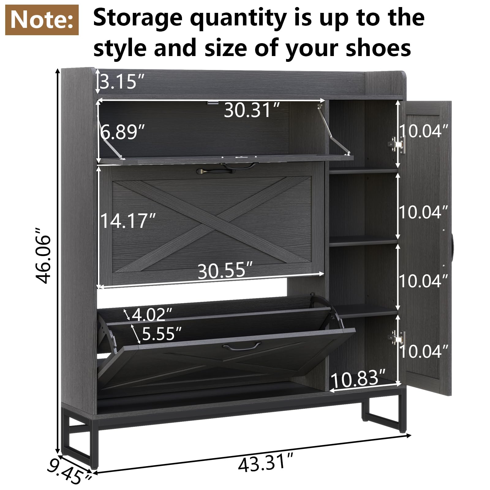 Auromie Rustic Plus: Free Standing Shoe Organizer with 2 Flip Drawers and Adjustable Side Cabinet for Narrow Entryway and Living Room