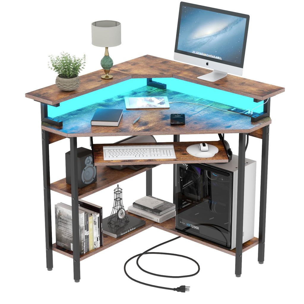 Auromie Corner Desk with Charging Station & LED Light, Triangle Corner Desk with Monitor Stand & Keyboard Tray