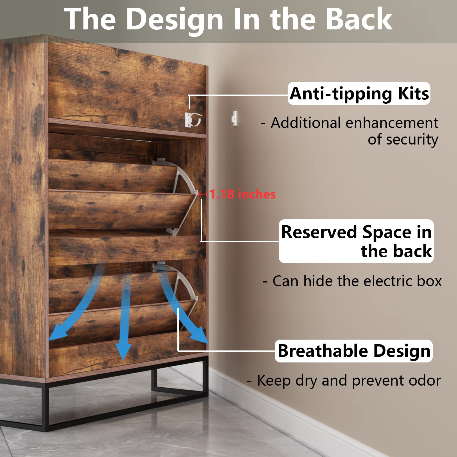Auromie Rustic Plus: Free Standing Shoe Organizer with 2 Flip Drawers and Adjustable Side Cabinet for Narrow Entryway and Living Room