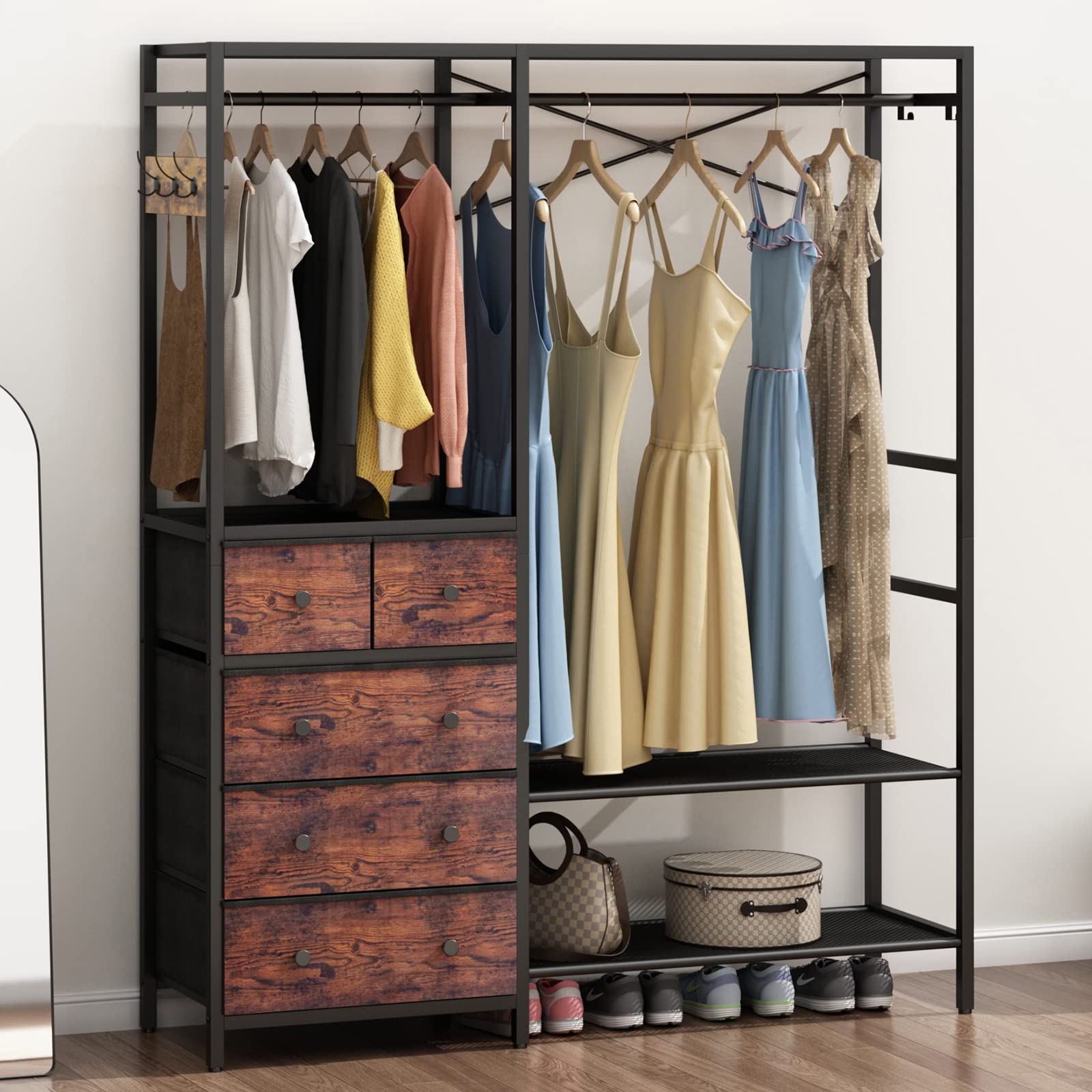 Auromie Clothes Rack with 5 Drawers & 4 Storage Shelves, 59.1W*70.9H Heavy Duty Clothing Rack with 2 Hanging Rods, Wardrobe Closet Organizer System with 5 Hooks, Freestanding Garment Rack (Rustic)