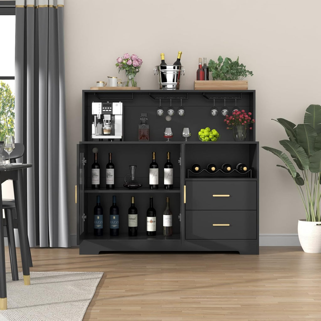 Bar Cabinet for Home with LED Light, Coffee Bar Cabinet with Wine & Glass Rack, Wine Cabinets with Drawers & Microwave Stand, Modern Liquor Cabinets for Kitchen, Living Room, Dining Room (Black)