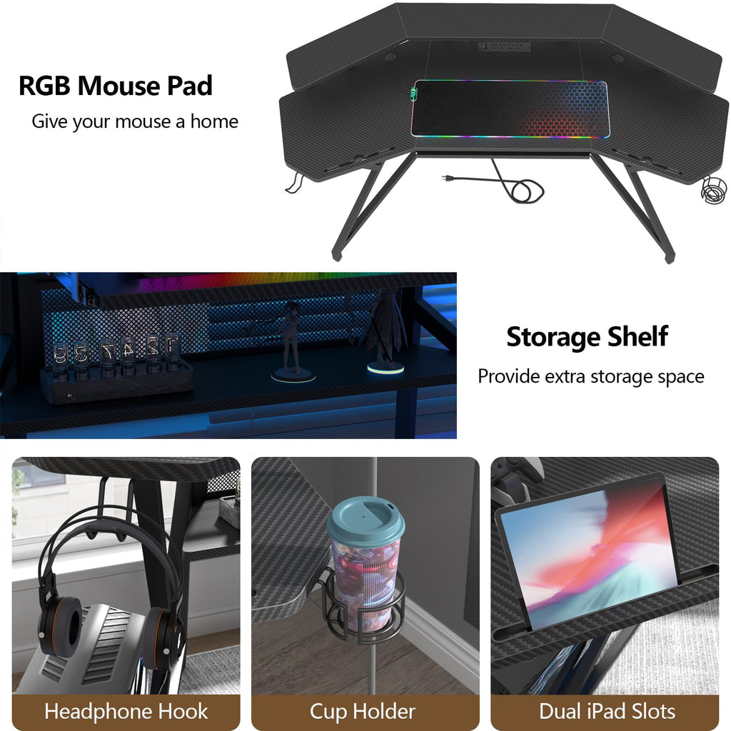 Auromie 72" Gaming Desk with Power Outlets & LED Lights, Computer Desk with Monitor Stand & Storage Shelves, Large Wing-Shaped Computer Table with Keyboard Tray & RGB Mouse Pad for Home Office