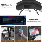 Auromie 72" Gaming Desk with Power Outlets & LED Lights, Computer Desk with Monitor Stand & Storage Shelves, Large Wing-Shaped Computer Table with Keyboard Tray & RGB Mouse Pad for Home Office