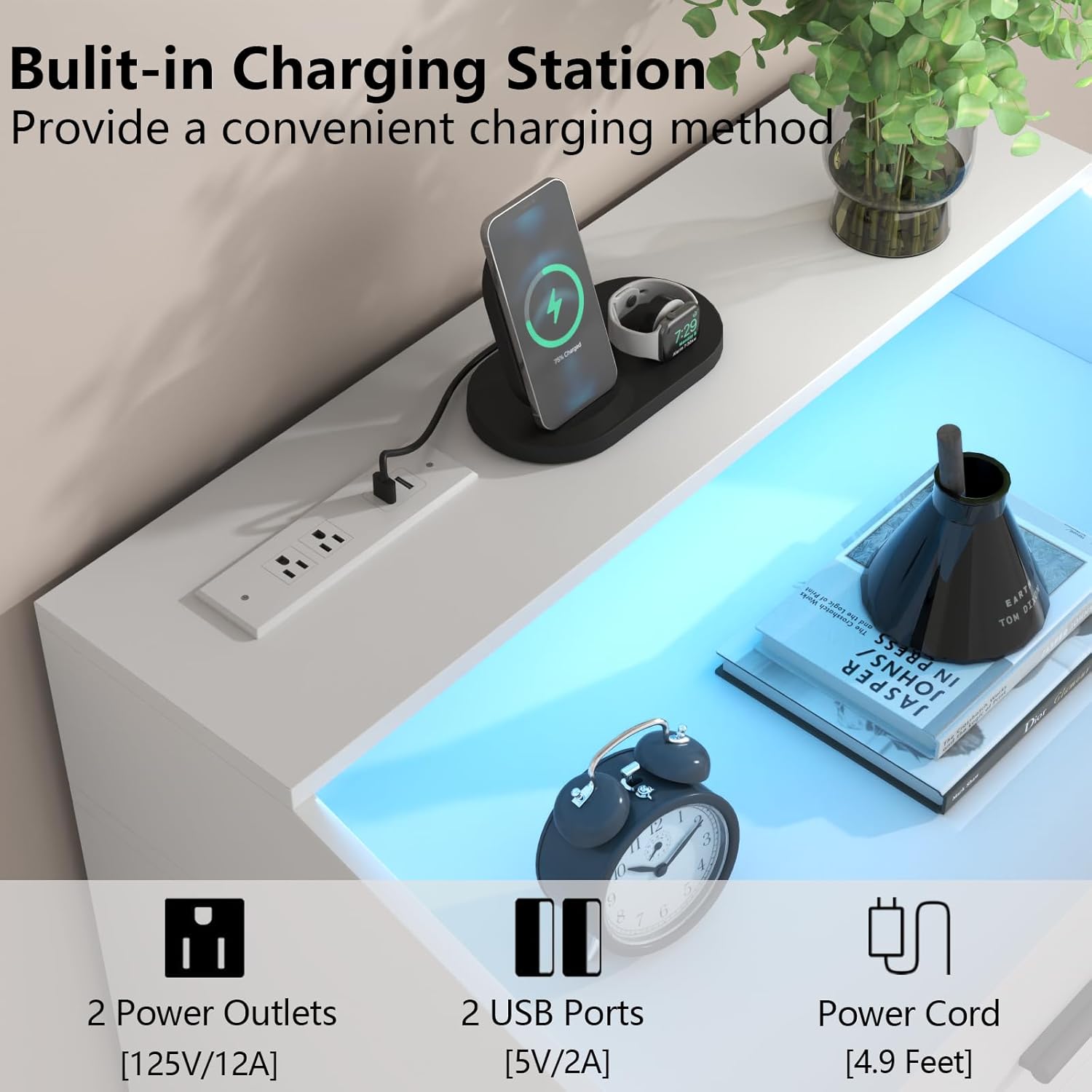 Nightstand with Charging Station and LED Lights, White Nightstand with Drawers, End Side Table with Open Storage Cubby, Modern Bedside Table for Bedroom, Night Stand Organizer Living Room (3 Drawers)