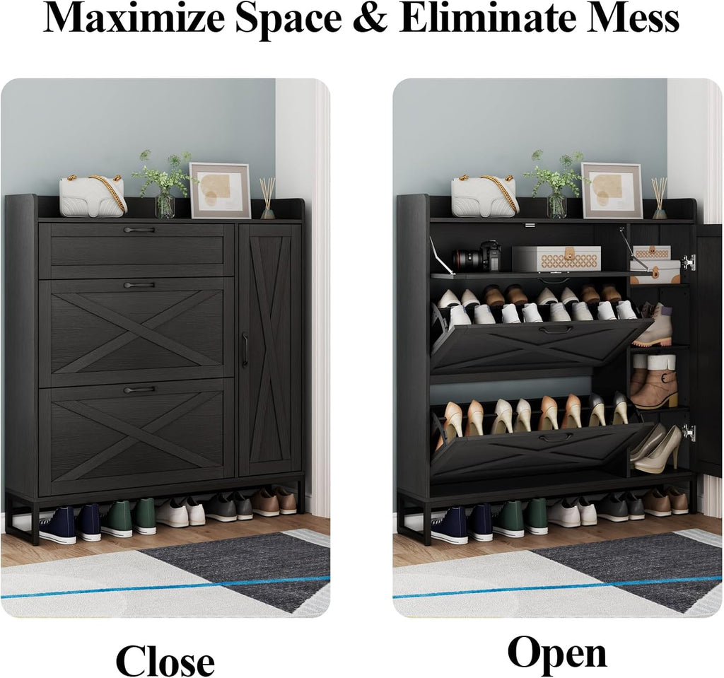 Auromie Free Standing Shoe Organizer with 2 Flip Drawers and Side Cabinet, Entryway Narrow Shoe Storage with Door for Hallway and Living Room (Black Plus)