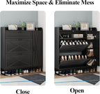 Auromie Free Standing Shoe Organizer with 2 Flip Drawers and Side Cabinet, Entryway Narrow Shoe Storage with Door for Hallway and Living Room (Black Plus)