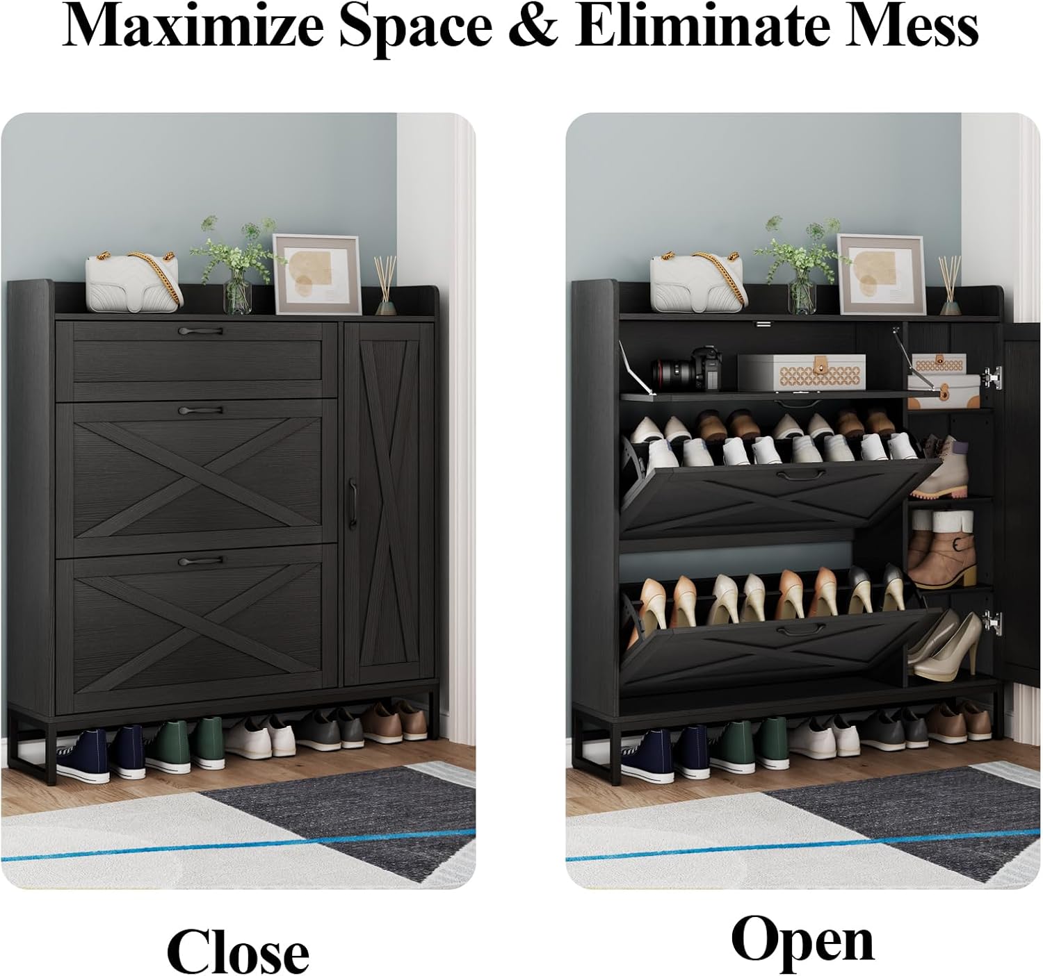 Auromie Free Standing Shoe Organizer with 2 Flip Drawers and Side Cabinet, Entryway Narrow Shoe Storage with Door for Hallway and Living Room (Black Plus)