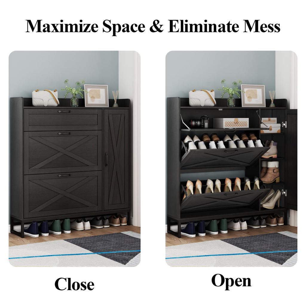 Auromie Rustic Plus: Free Standing Shoe Organizer with 2 Flip Drawers and Adjustable Side Cabinet for Narrow Entryway and Living Room