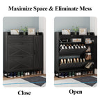 Auromie Rustic Plus: Free Standing Shoe Organizer with 2 Flip Drawers and Adjustable Side Cabinet for Narrow Entryway and Living Room