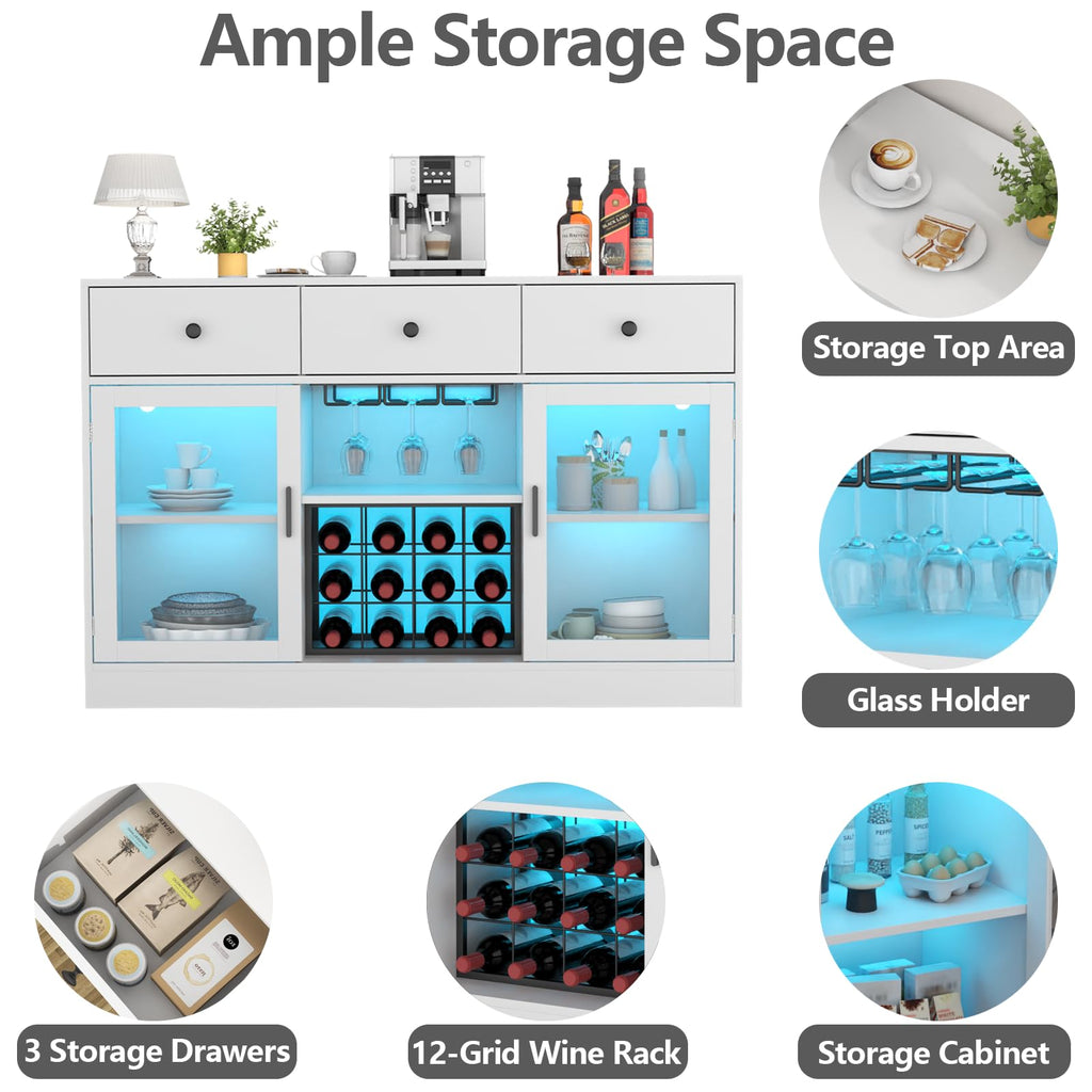 Auromie Wine Bar Cabinet with LED Light, Home Coffee Cabinet with Wine and Glass Rack, Kitchen Buffet Sideboard with Storage Drawers & Adjustable Shelves, Modern Liquor Cabinet with Glass Door (Black)