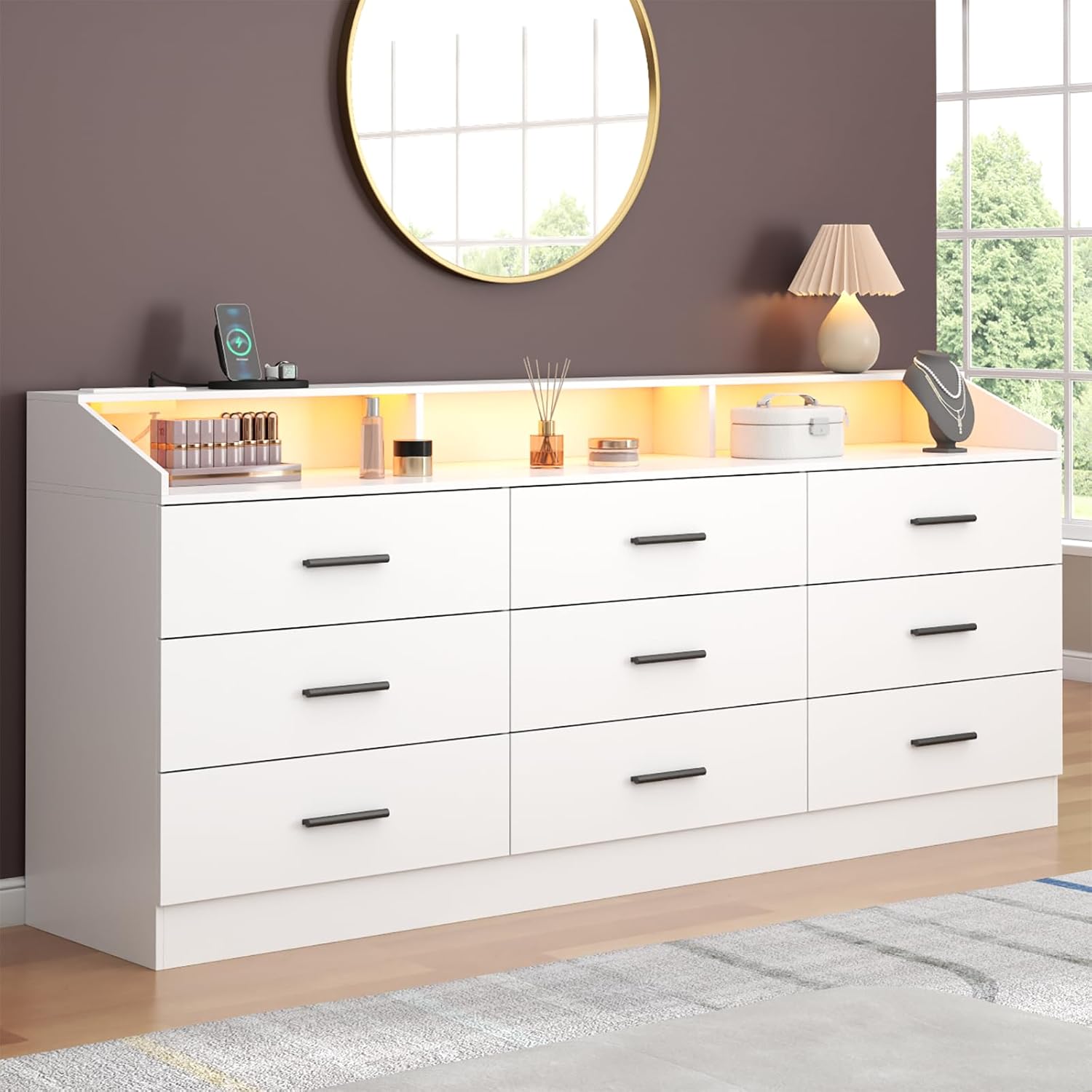 9 Drawers Dresser, Dresser for Bedroom with Power Outlet, Modern Chest of Drawers with LED Light, Storage Dressers with Open Storage Cubby, Dressers Organizer for Closet, Entryway, Living Room, White
