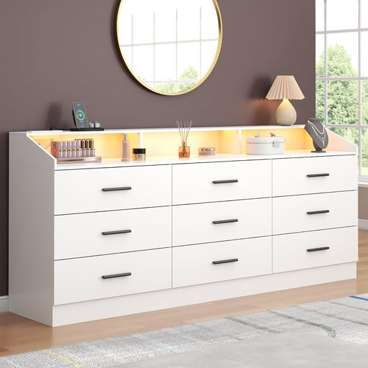 9 Drawers Dresser, Dresser for Bedroom with Power Outlet, Modern Chest of Drawers with LED Light, Storage Dressers with Open Storage Cubby, Dressers Organizer for Closet, Entryway, Living Room, White