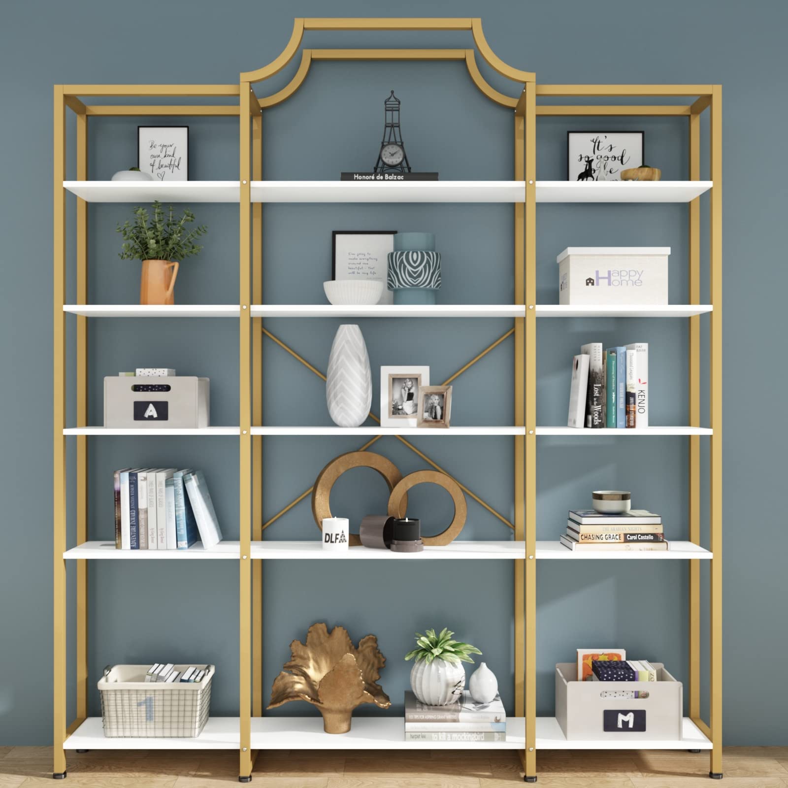 Auromie Triple Wide 5-Tier Bookshelf, 70.87" L x 79.13" H Extra Large Bookcase, Tall Open Etagere Display Shelf with Metal Frame, Freestanding Modern Storage Shelves for Home Office, Black&White