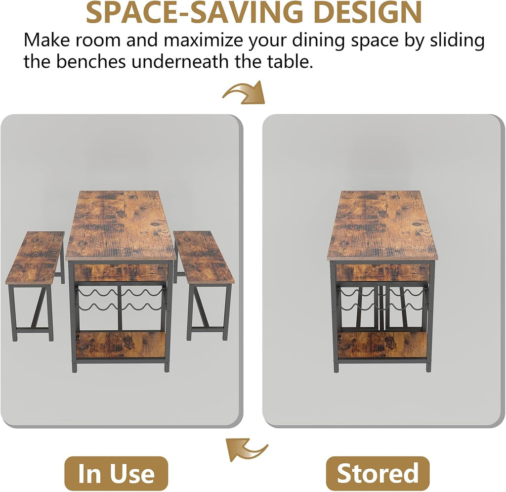 Auromie Dining Table Set for 4-6 People, 54.7" Kitchen Dinner Table with 2 Bench, Dining Room Tables Set with Storage Drawer & Shelf, 3-Piece Breakfast Nook Tables with Wine Rack &Glass Holder (Brown)