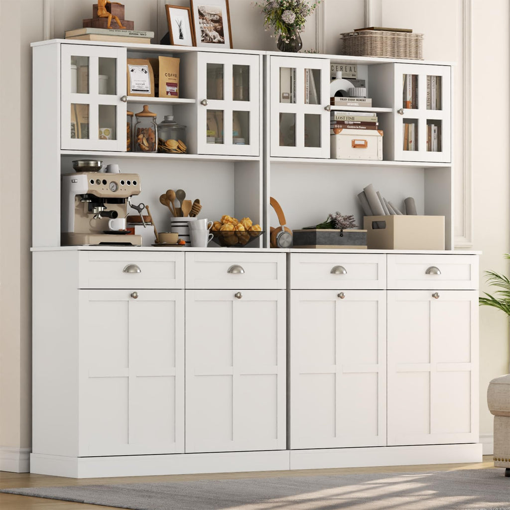 Double Tilt Out Trash Can Cabinet, 68" Tall Kitchen Pantry Storage Cabinet with 2 Drawers & Hutch & Microwave Coffee Stand, Freestanding 20 Gallon Trash Recycling Cabinets, Hidden Garbage Can Cabinets