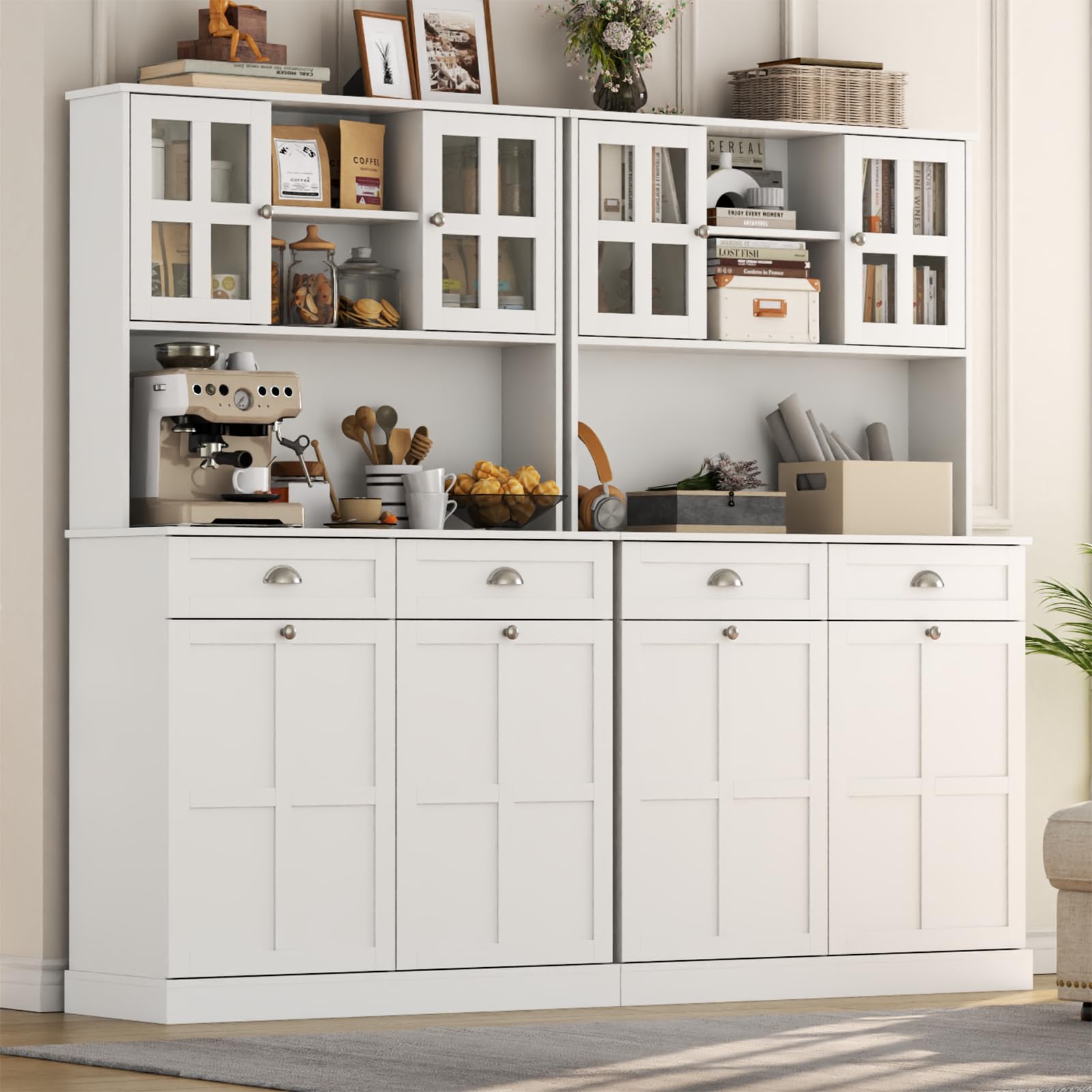 Double Tilt Out Trash Can Cabinet, 68" Tall Kitchen Pantry Storage Cabinet with 2 Drawers & Hutch & Microwave Coffee Stand, Freestanding 20 Gallon Trash Recycling Cabinets, Hidden Garbage Can Cabinets