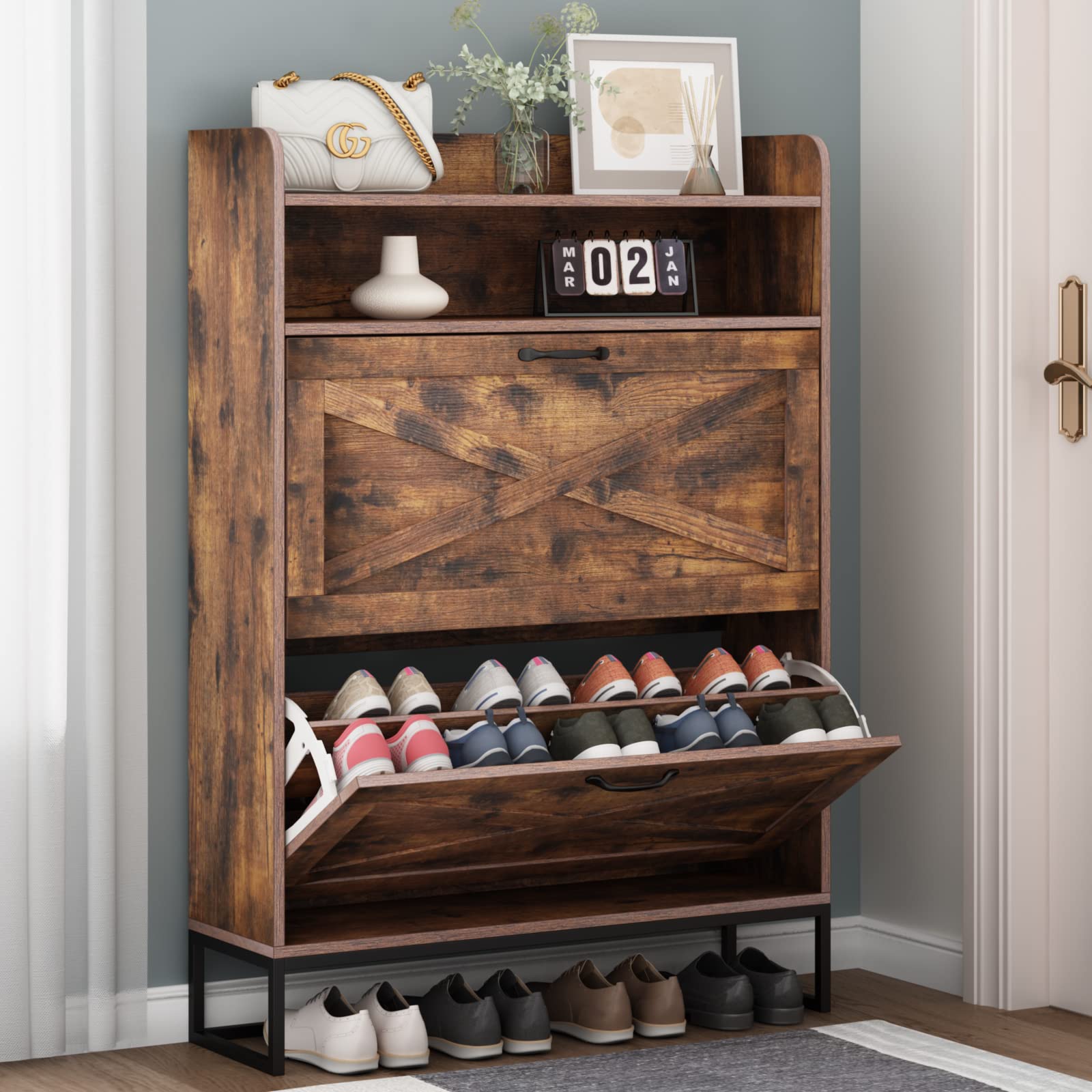 Auromie Rustic Plus: Free Standing Shoe Organizer with 2 Flip Drawers and Adjustable Side Cabinet for Narrow Entryway and Living Room
