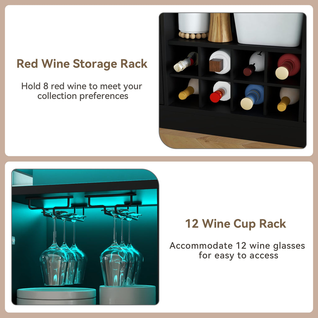 Wine Bar Cabinet with LED Light, Home Coffee Bar Cabinet with Wine and Glass Rack, Modern Sideboard Buffet w/ Storage Drawer & Shelves, Freestanding Liquor Cabinets for Living Room,Dining Room (Black)