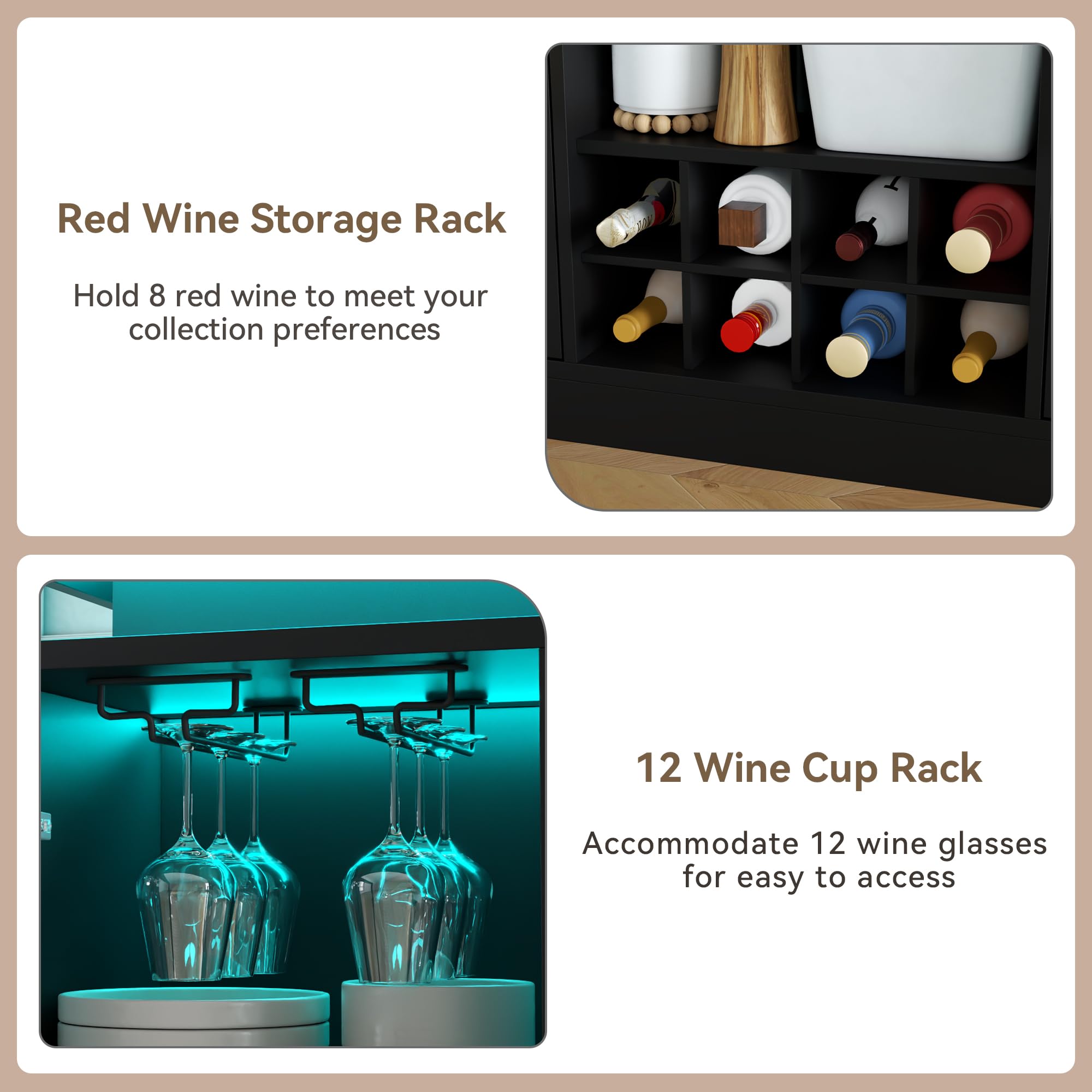 Wine Bar Cabinet with LED Light, Home Coffee Bar Cabinet with Wine and Glass Rack, Modern Sideboard Buffet w/ Storage Drawer & Shelves, Freestanding Liquor Cabinets for Living Room,Dining Room (Black)