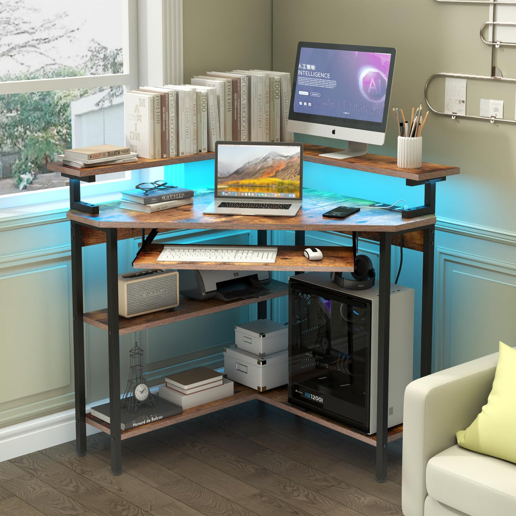 Auromie Corner Desk with Charging Station & LED Light, Triangle Corner Desk with Monitor Stand & Keyboard Tray