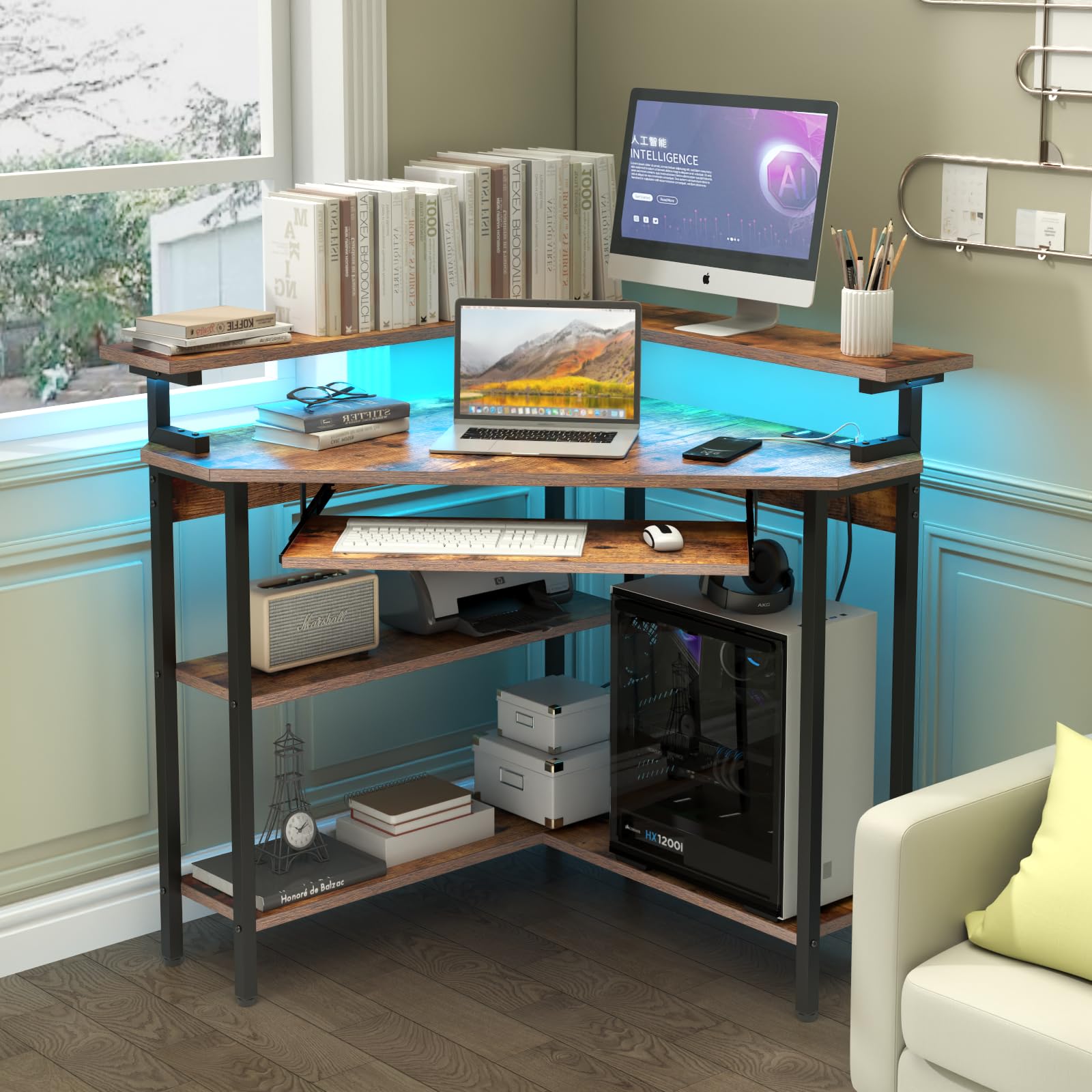 Auromie Corner Desk with Charging Station & LED Light, Triangle Corner Desk with Monitor Stand & Keyboard Tray