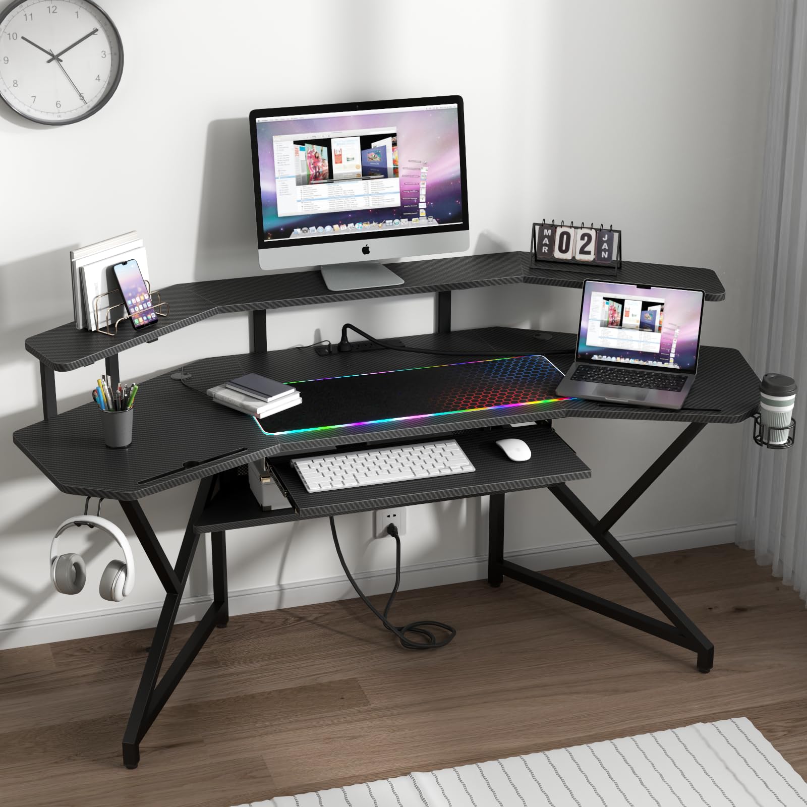 Auromie 72" Gaming Desk with Power Outlets & LED Lights, Computer Desk with Monitor Stand & Storage Shelves, Large Wing-Shaped Computer Table with Keyboard Tray & RGB Mouse Pad for Home Office
