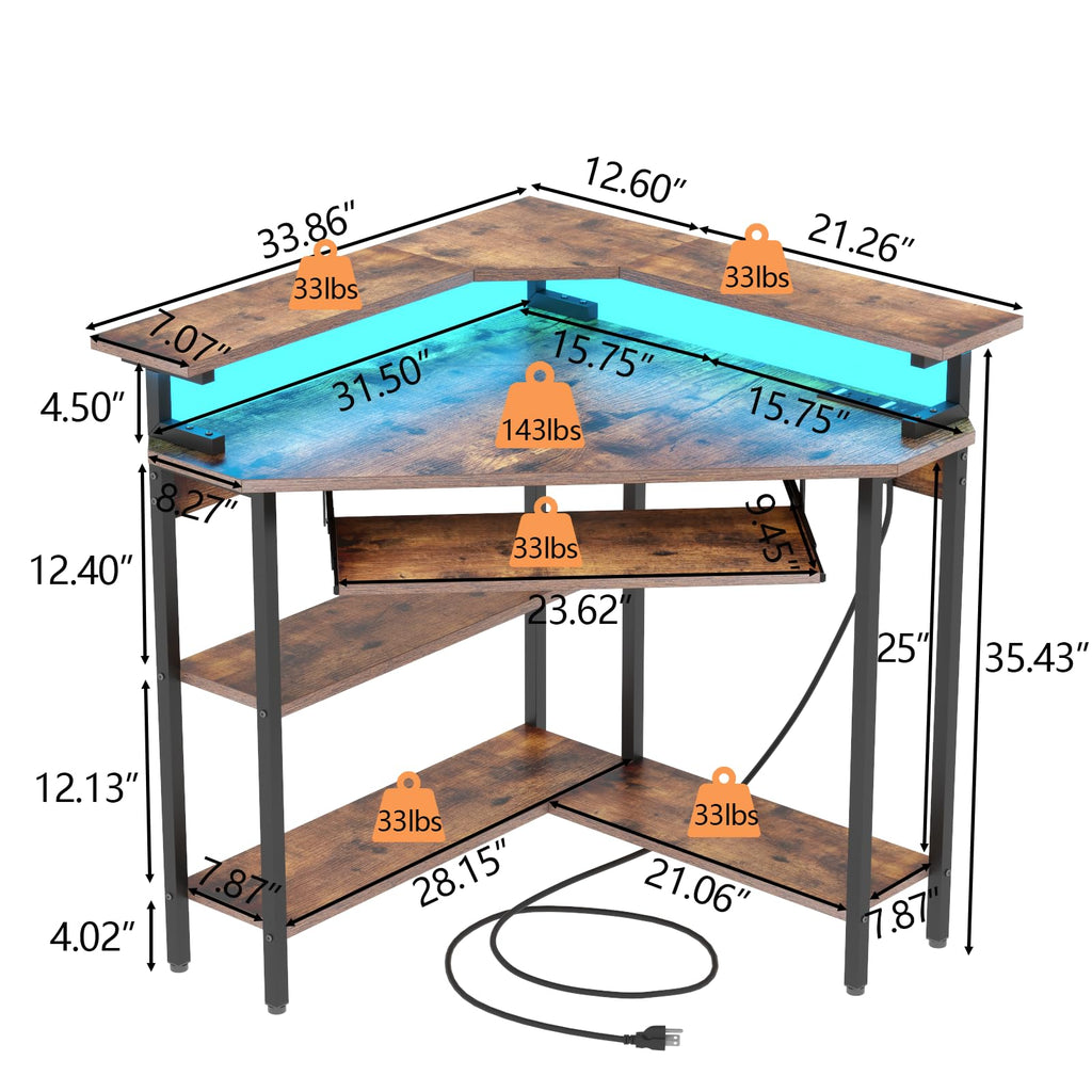 Auromie Corner Desk with Charging Station & LED Light, Triangle Corner Desk with Monitor Stand & Keyboard Tray