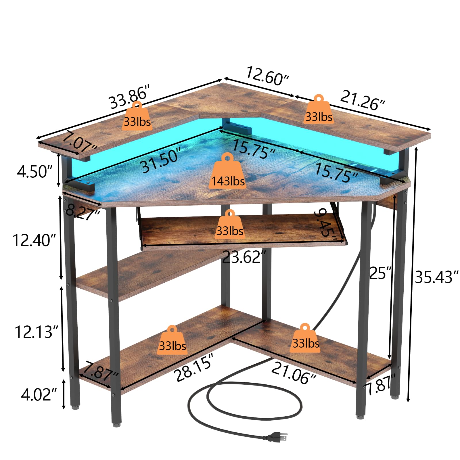 Auromie Corner Desk with Charging Station & LED Light, Triangle Corner Desk with Monitor Stand & Keyboard Tray