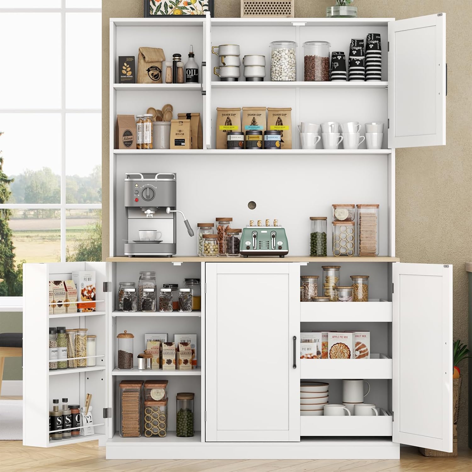 71" Tall Kitchen Pantry Cabinet, Kitchen Pantries with 3 Pull-out Drawers, Storage Cabinets with Hutch & Door Shelves & Microwave Coffee Stand, Pantry Organizer for Dining Room, Living Room (White)