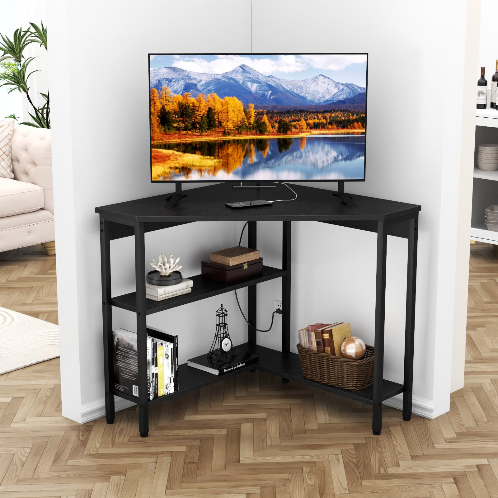 Auromie Corner Desk with Charging Station & LED Light, Triangle Corner Desk with Monitor Stand & Keyboard Tray