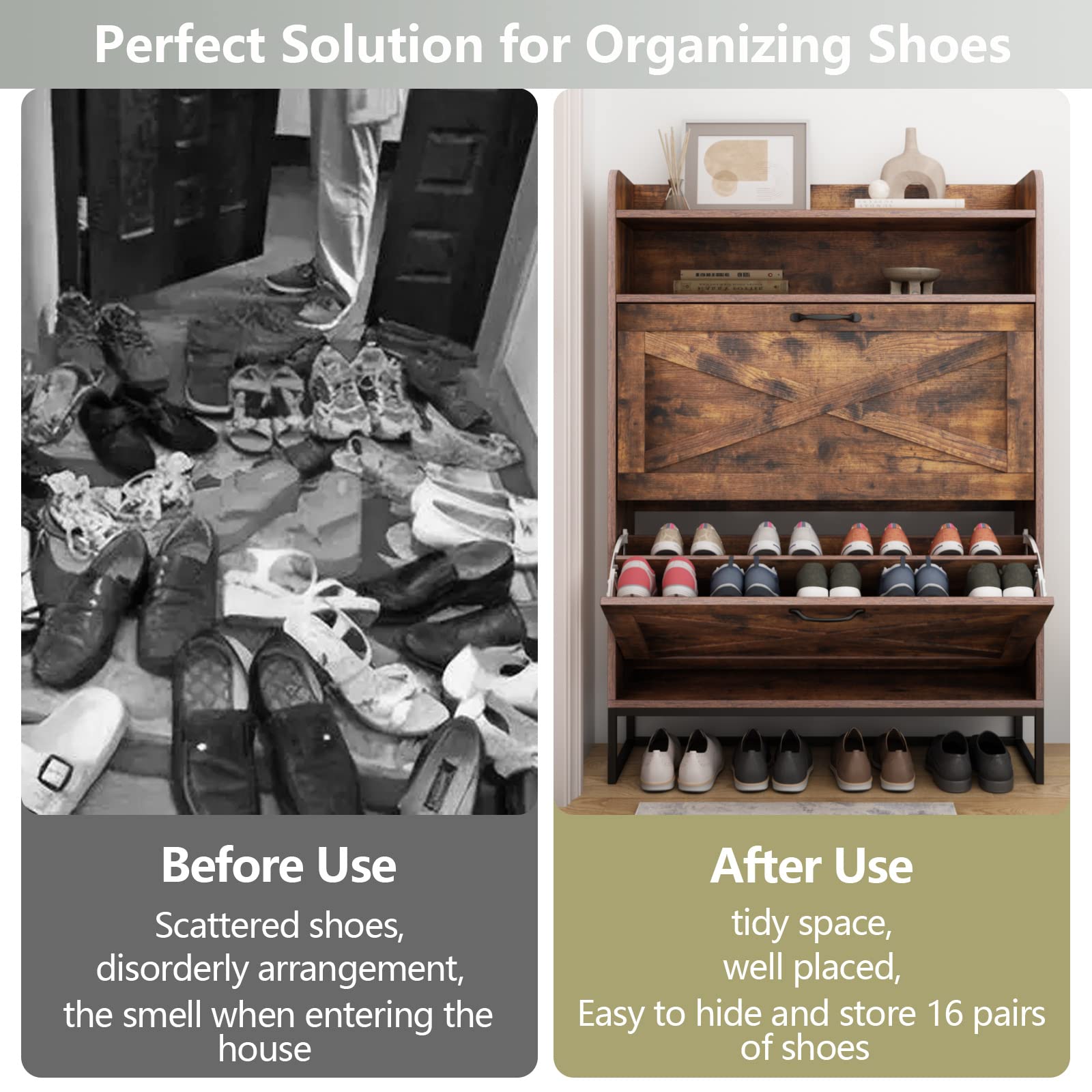 Auromie Rustic Plus: Free Standing Shoe Organizer with 2 Flip Drawers and Adjustable Side Cabinet for Narrow Entryway and Living Room